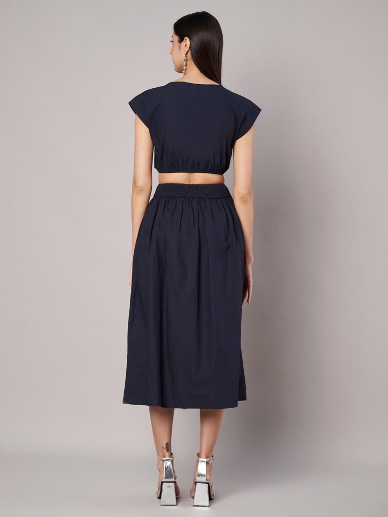 Women's Solid Navy Crop Top and Midi Skirt Co Ord Set