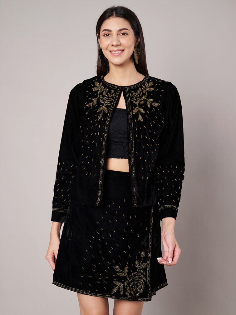 Unleash Your Inner Star With Black Embellished Velvet Skirt & Jacket Co Ord