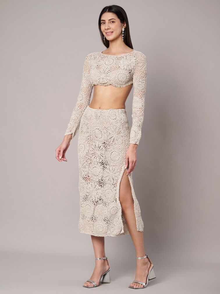Shimmering Silver Crochet Fringe Crop Top & Pencil Skirt Co Ord set