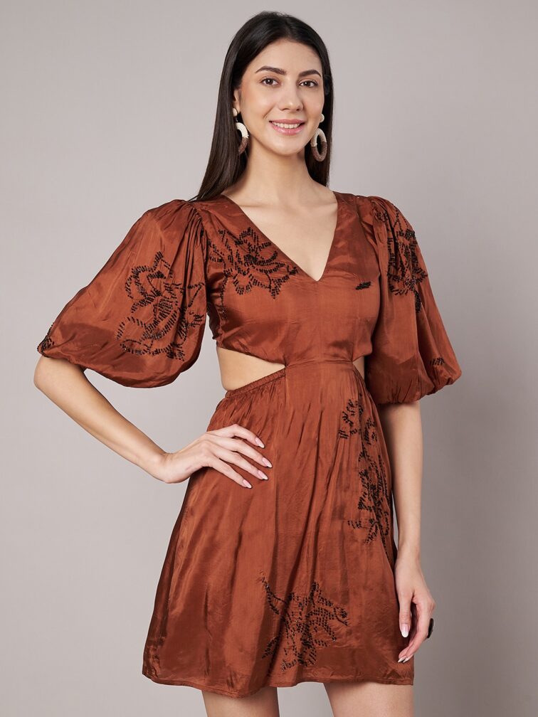 Rust Embellished Cut-Out Mini Dress