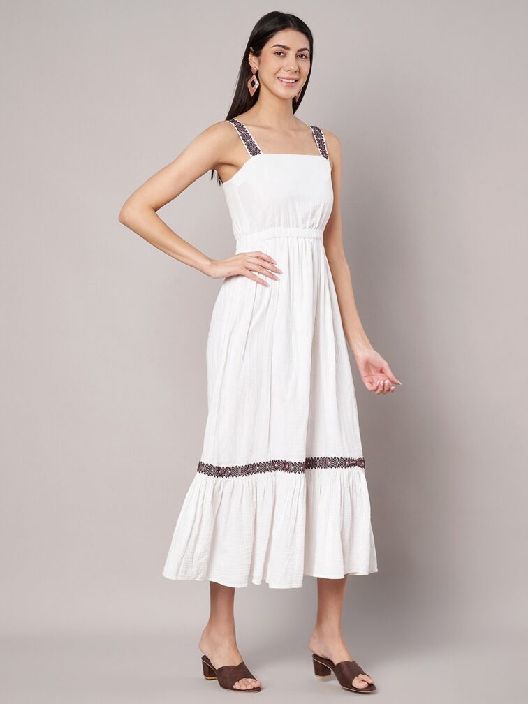 Women's White Cotton Fit & Flare Midi Dress