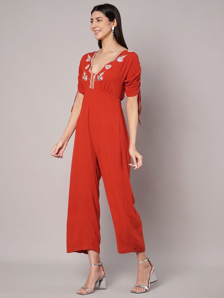 Brick Red V Neck Embellished Jumpsuit