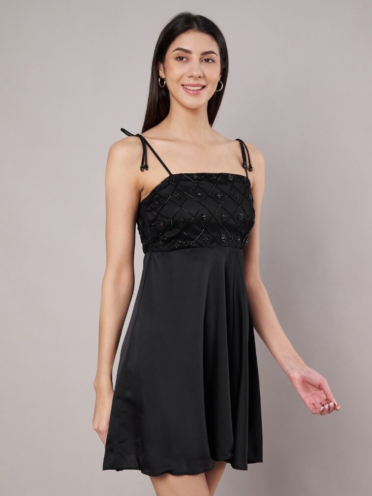 Women's Black A-Line Mini Dress With Embellishment
