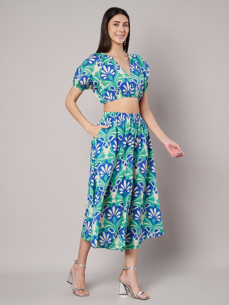 Women's The Floral Mandarin Collar Crop Top & Skirt Co-Ord