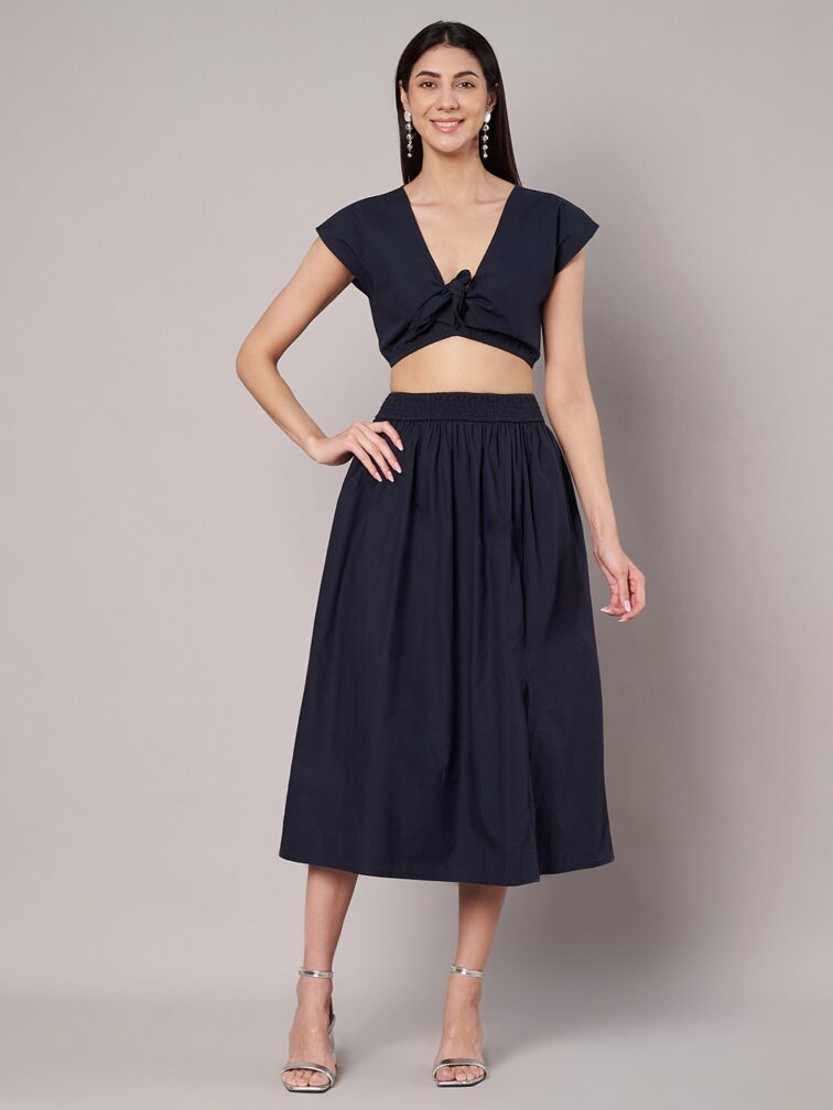 Women's Solid Navy Crop Top and Midi Skirt Co Ord Set