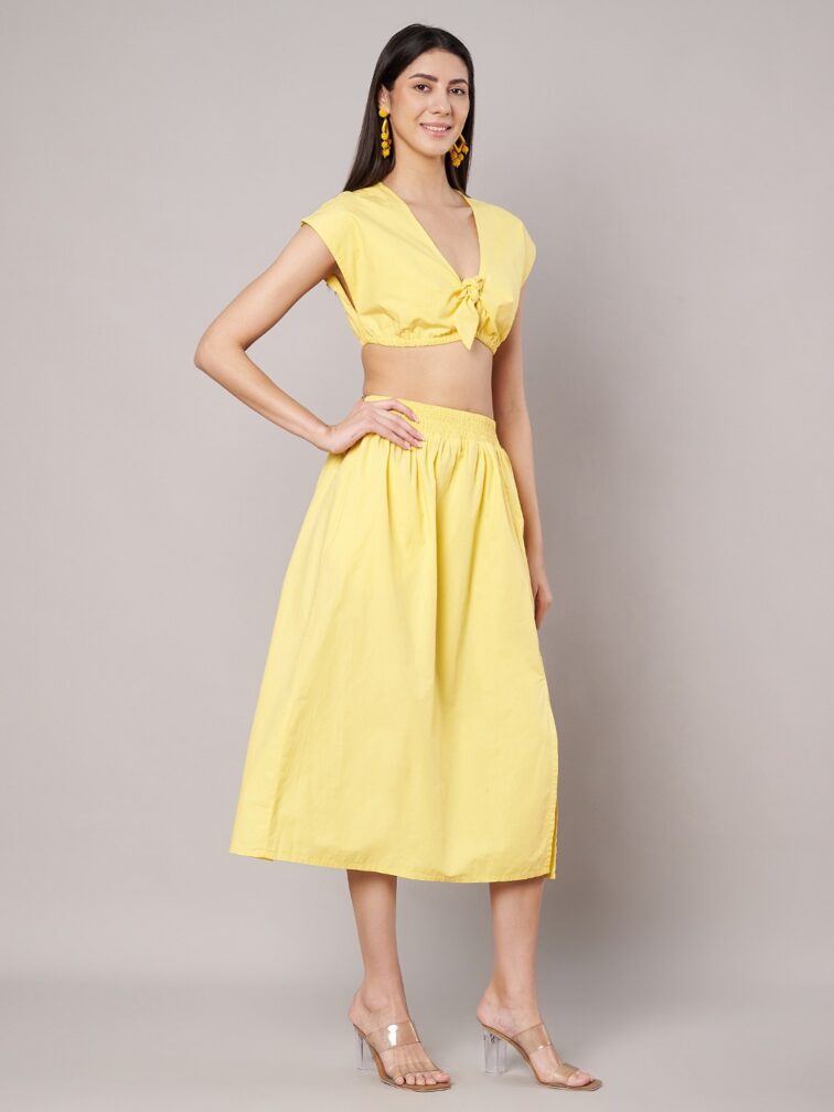 Women’s Solid Yellow Crop Top and Midi Skirt Co Ord Set