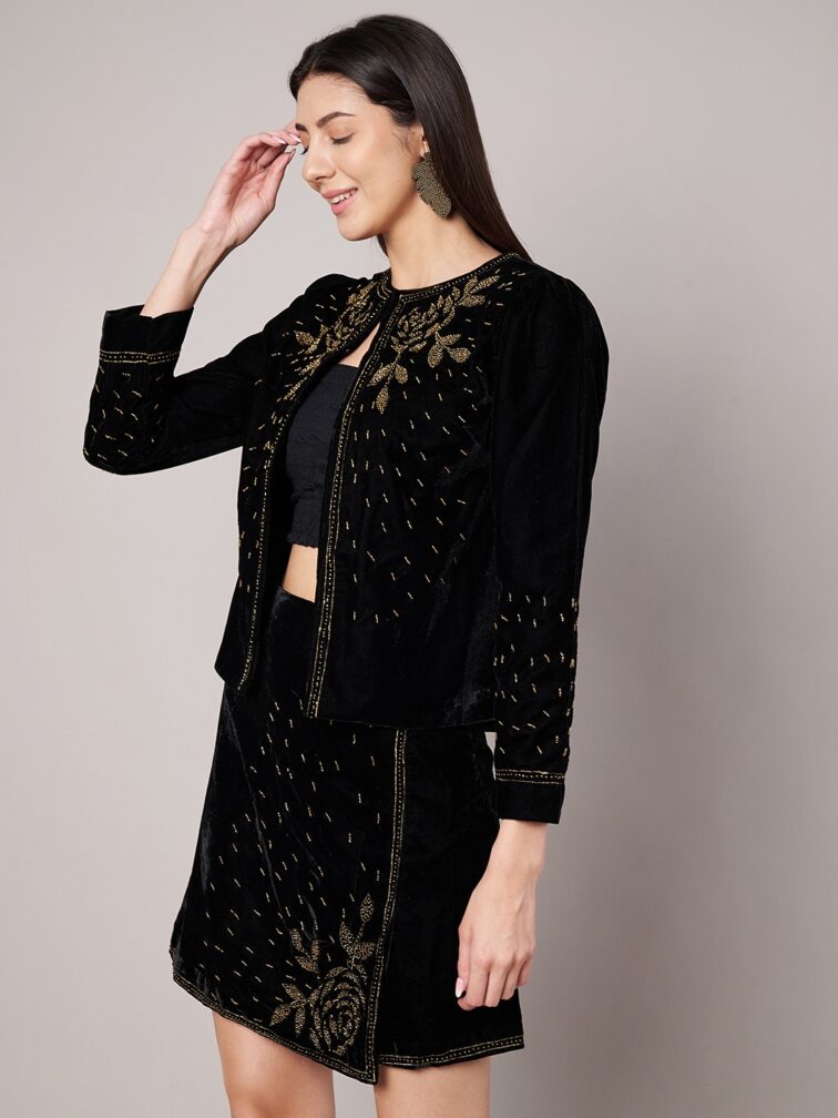 Unleash Your Inner Star With Black Embellished Velvet Skirt & Jacket Co Ord