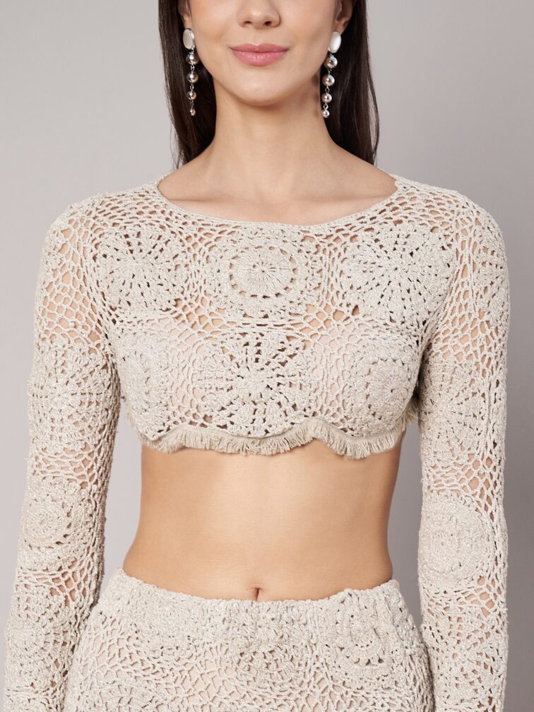 Shimmering Silver Crochet Fringe Crop Top & Pencil Skirt Co Ord set