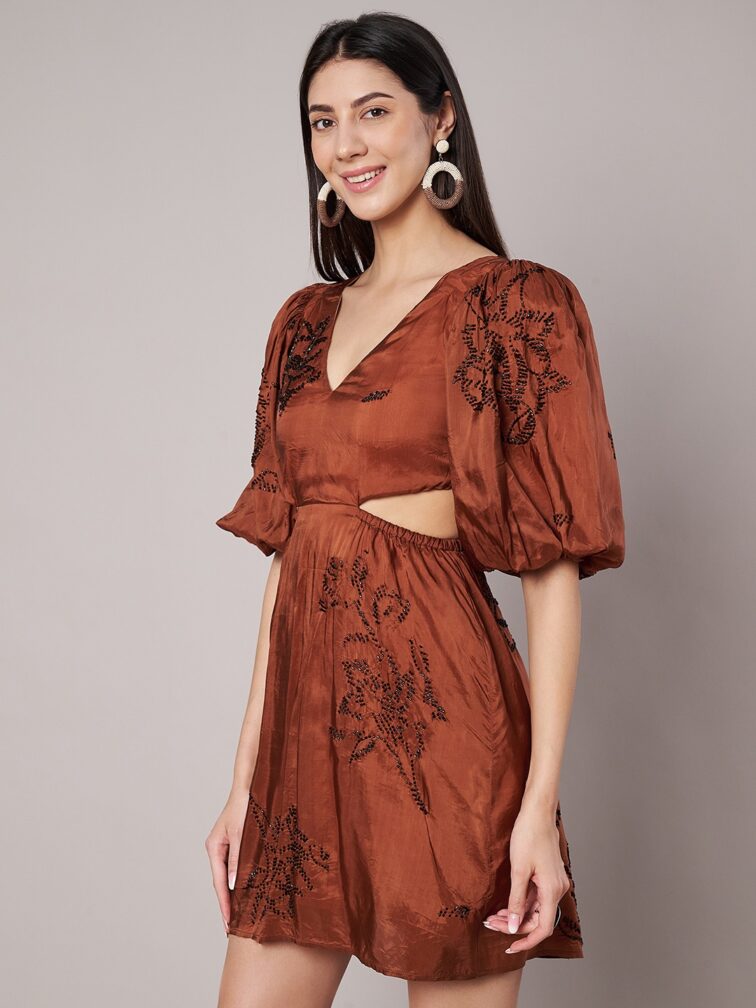 Rust Embellished Cut-Out Mini Dress