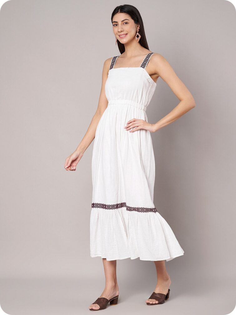 Women's White Cotton Fit & Flare Midi Dress