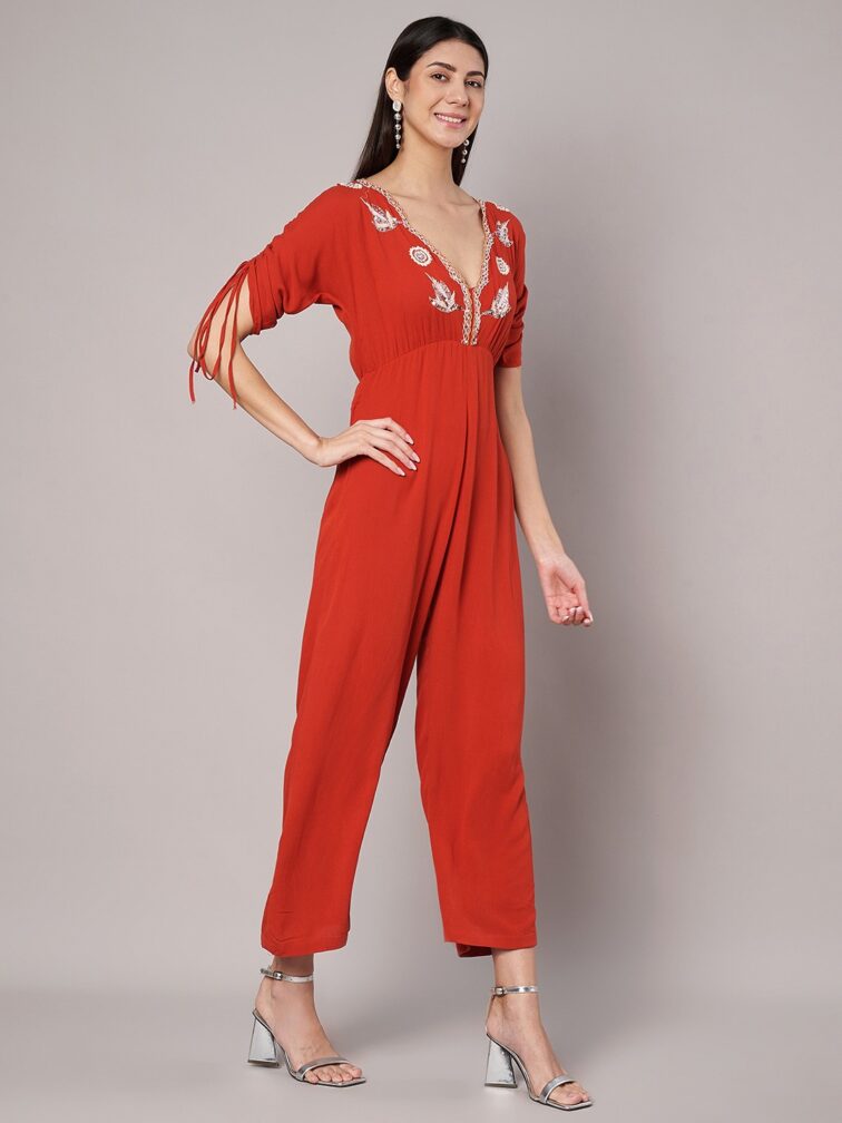 Brick Red V Neck Embellished Jumpsuit