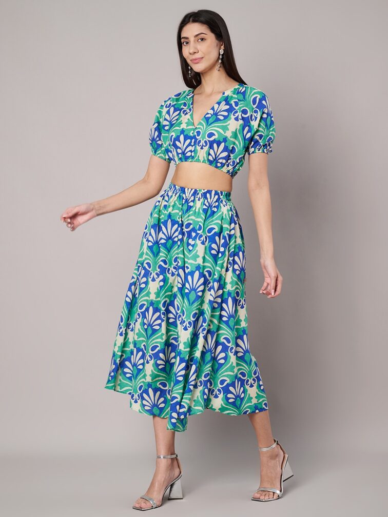 Women's The Floral Mandarin Collar Crop Top & Skirt Co-Ord