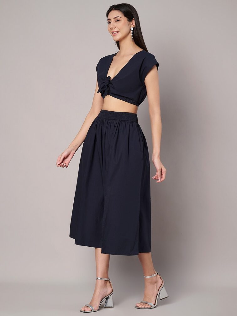 Women's Solid Navy Crop Top and Midi Skirt Co Ord Set