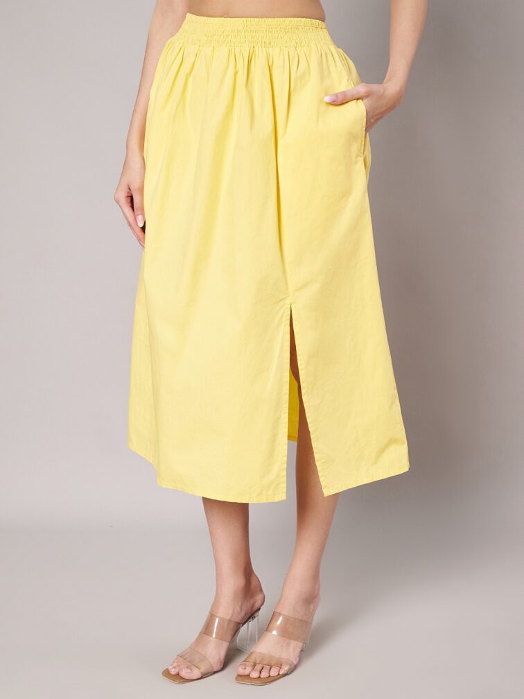 Women’s Solid Yellow Crop Top and Midi Skirt Co Ord Set