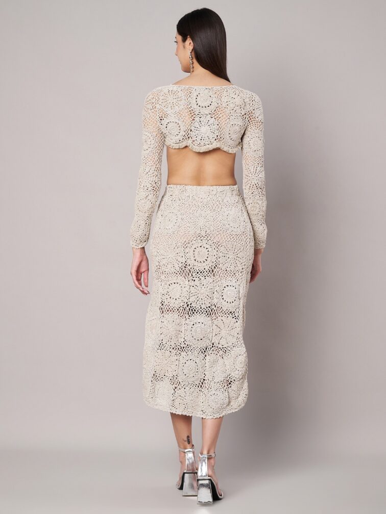 Shimmering Silver Crochet Fringe Crop Top & Pencil Skirt Co Ord set