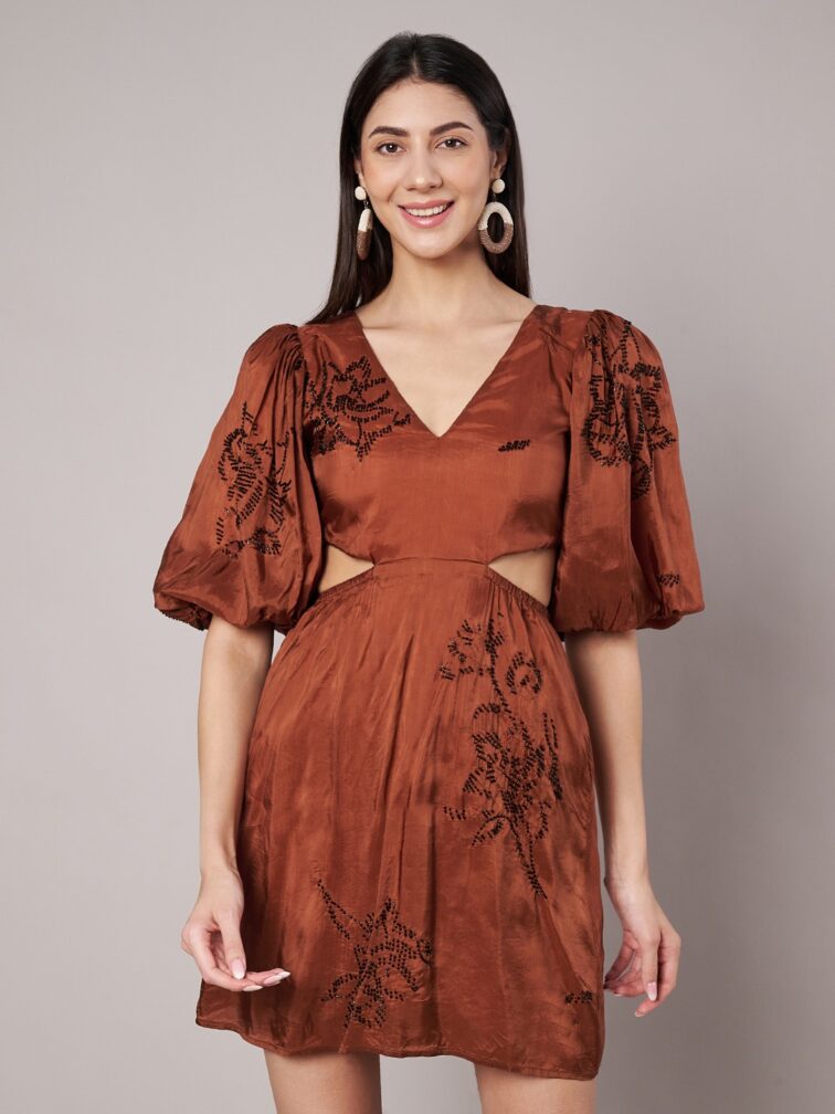 Rust Embellished Cut-Out Mini Dress