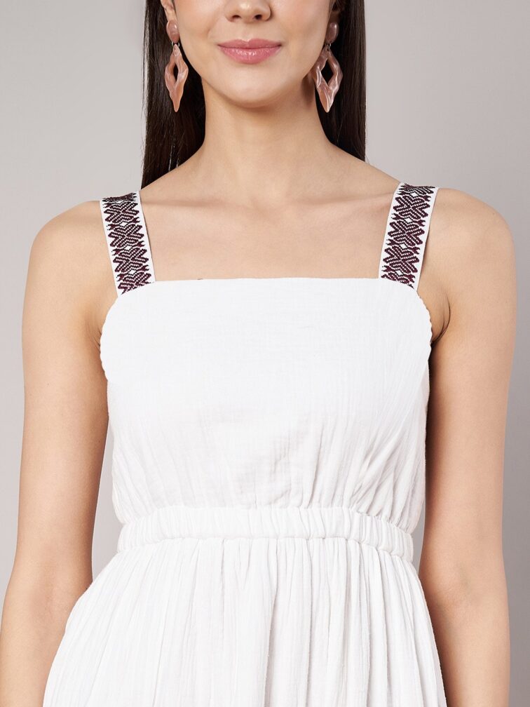 Women's White Cotton Fit & Flare Midi Dress