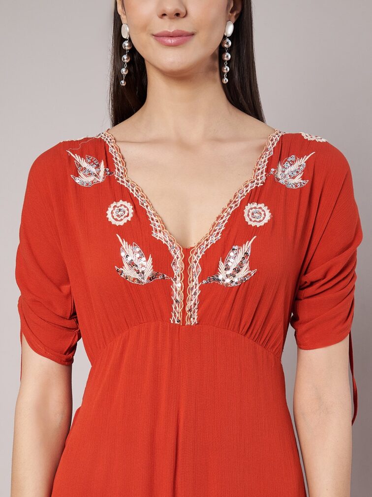 Brick Red V Neck Embellished Jumpsuit