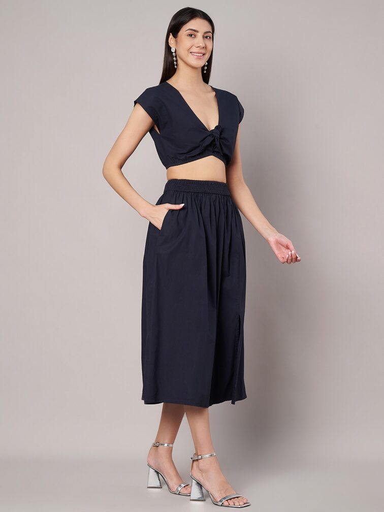 Women's Solid Navy Crop Top and Midi Skirt Co Ord Set