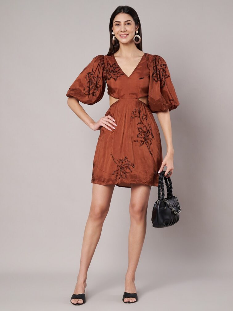 Rust Embellished Cut-Out Mini Dress