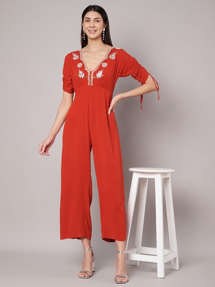 Brick Red V Neck Embellished Jumpsuit
