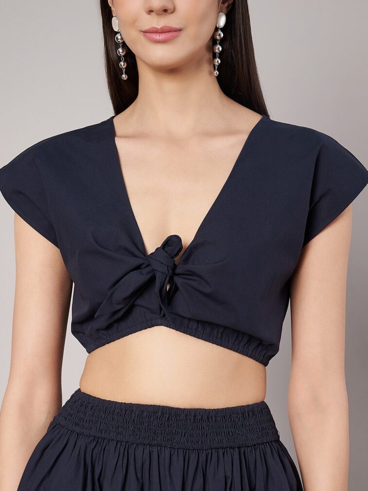 Women's Solid Navy Crop Top and Midi Skirt Co Ord Set