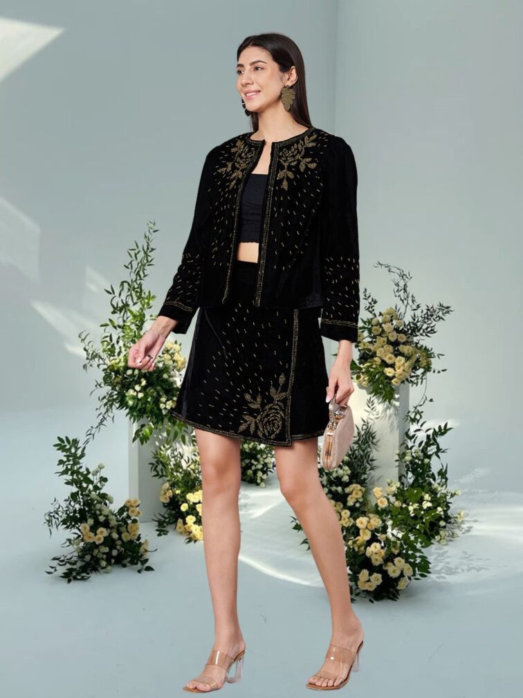 Unleash Your Inner Star With Black Embellished Velvet Skirt & Jacket Co Ord