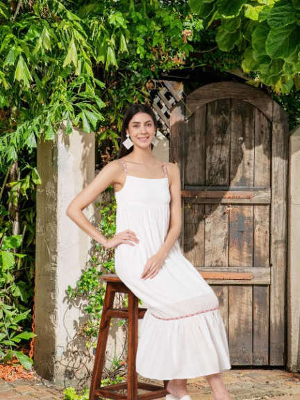 Women's White Cotton Fit & Flare Midi Dress